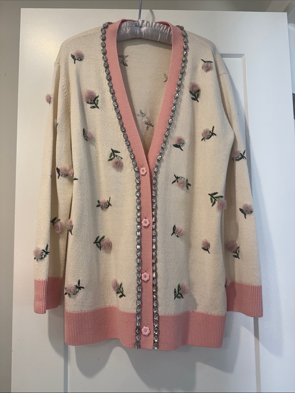 Alice + Olivia Cream Cardigan with Pink Trim and Floral Pom Details